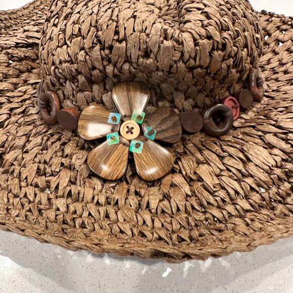Tropical Trends Women’s Straw Hat Brown Flower Trim One Size Summer Wide Brim - Picture 2 of 8
